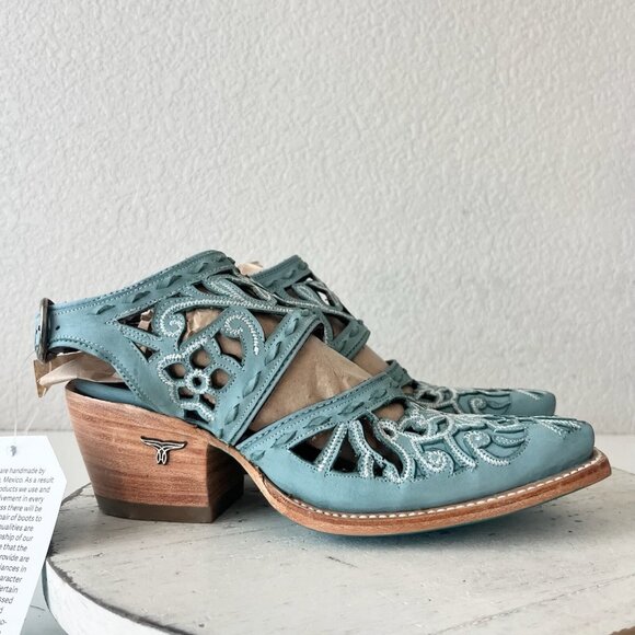 Lane Robin Mule Blue Leather Womens 6 Cowgirl Western Short Ankle Cowboy Boots - Picture 2 of 11